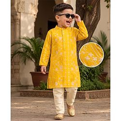 Babyhug Woven Full Sleeves Floral  Embroidered & Sequin Kurta Pyjama Set - Yellow