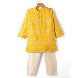 Babyhug Woven Full Sleeves Floral  Embroidered & Sequin Kurta Pyjama Set - Yellow