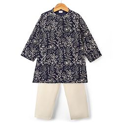 Babyhug Woven Full Sleeves Embroidered Kurta Set - Navy Blue