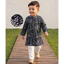 Babyhug Woven Full Sleeves Embroidered Kurta Set - Navy Blue