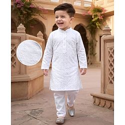Babyhug Woven Full Sleeves Embroidered Kurta Pyjama Set - White