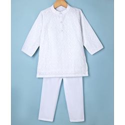 Babyhug Woven Full Sleeves Embroidered Kurta Pyjama Set - White