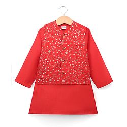 Babyhug Woven Diamond 100% Cotton SOLID Kurta Pyjama Set With Floral & Sequin Embroidered Jacket - Red