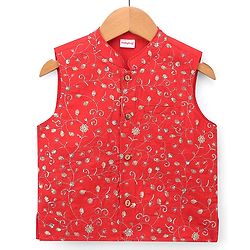 Babyhug Woven Diamond 100% Cotton SOLID Kurta Pyjama Set With Floral & Sequin Embroidered Jacket - Red