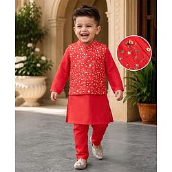 Babyhug Woven Diamond 100% Cotton SOLID Kurta Pyjama Set With Floral & Sequin Embroidered Jacket - Red