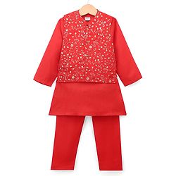 Babyhug Woven Diamond 100% Cotton SOLID Kurta Pyjama Set With Floral & Sequin Embroidered Jacket - Red