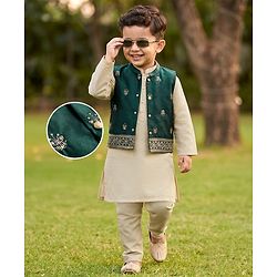 Babyhug Woven Full Sleeves Solid Kurta Pajama Set with Velvet Embroidered Jacket- Beige & Dark Green