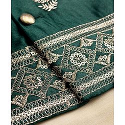 Babyhug Woven Full Sleeves Solid Kurta Pajama Set with Velvet Embroidered Jacket- Beige & Dark Green
