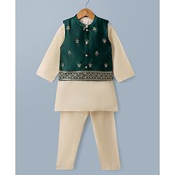 Babyhug Woven Full Sleeves Solid Kurta Pajama Set with Velvet Embroidered Jacket- Beige & Dark Green