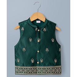 Babyhug Woven Full Sleeves Solid Kurta Pajama Set with Velvet Embroidered Jacket- Beige & Dark Green