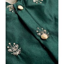 Babyhug Woven Full Sleeves Solid Kurta Pajama Set with Velvet Embroidered Jacket- Beige & Dark Green