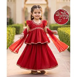 Babyhug Woven Half Sleeves Floral Embroidered Choli & Lehenga Set With Dupatta - Red