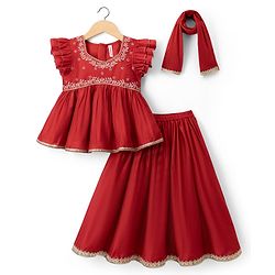 Babyhug Woven Half Sleeves Floral Embroidered Choli & Lehenga Set With Dupatta - Red