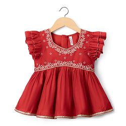 Babyhug Woven Half Sleeves Floral Embroidered Choli & Lehenga Set With Dupatta - Red