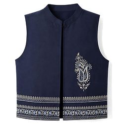 Babyhug Woven Full Sleeves Solid Kurta Pyjama Set With Velvet Thread Embroidered Jacket - Navy Blue