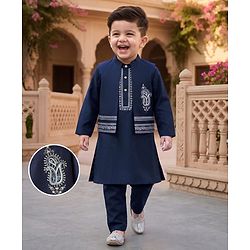 Babyhug Woven Full Sleeves Solid Kurta Pyjama Set With Velvet Thread Embroidered Jacket - Navy Blue