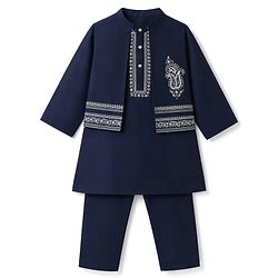 Babyhug Woven Full Sleeves Solid Kurta Pyjama Set With Velvet Thread Embroidered Jacket - Navy Blue
