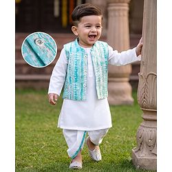 Babyhug Cambric Woven Dhoti Kurta Set and Jacket with Full Sleeves and Striped Print - White