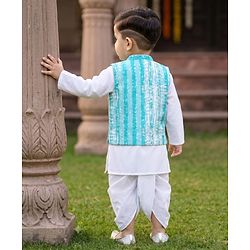Babyhug Cambric Woven Dhoti Kurta Set and Jacket with Full Sleeves and Striped Print - White