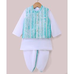 Babyhug Cambric Woven Dhoti Kurta Set and Jacket with Full Sleeves and Striped Print - White