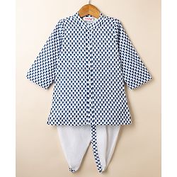 Babyhug 100% Cotton Cambric Woven Full Sleeves Front Open Kurta & Dhoti Set with Floral Print in Blue
