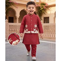 Babyhug Rayon Woven Full Length SOLID Kurta & Pyjama Set With Palm Tree Embroidered Jacket - Maroon