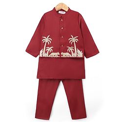 Babyhug Rayon Woven Full Length SOLID Kurta & Pyjama Set With Palm Tree Embroidered Jacket - Maroon