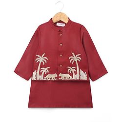 Babyhug Rayon Woven Full Length SOLID Kurta & Pyjama Set With Palm Tree Embroidered Jacket - Maroon
