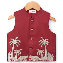 Babyhug Rayon Woven Full Length SOLID Kurta & Pyjama Set With Palm Tree Embroidered Jacket - Maroon