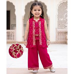 Babyhug Georgett Woven Sleeveless Floral Embroidered Top Palazo and Jacket Set - Hot Dark Pink