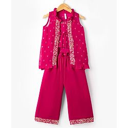 Babyhug Georgett Woven Sleeveless Floral Embroidered Top Palazo and Jacket Set - Hot Dark Pink