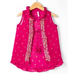 Babyhug Georgett Woven Sleeveless Floral Embroidered Top Palazo and Jacket Set - Hot Dark Pink