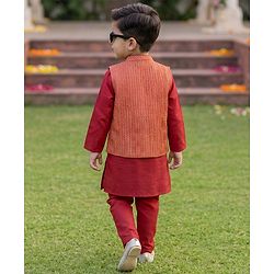 Babyhug 100% Cotton Woven Full Sleeves Solid Colour Kurta Pajama Set with Brocade Nehru Jacket - Red