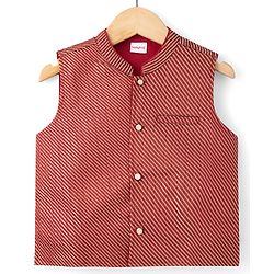 Babyhug 100% Cotton Woven Full Sleeves Solid Colour Kurta Pajama Set with Brocade Nehru Jacket - Red
