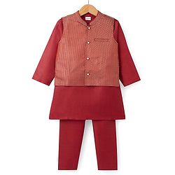 Babyhug 100% Cotton Woven Full Sleeves Solid Colour Kurta Pajama Set with Brocade Nehru Jacket - Red