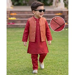 Babyhug 100% Cotton Woven Full Sleeves Solid Colour Kurta Pajama Set with Brocade Nehru Jacket - Red
