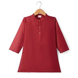 Babyhug 100% Cotton Woven Full Sleeves Solid Colour Kurta Pajama Set with Brocade Nehru Jacket - Red
