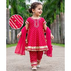 Babyhug Woven Floral Foil Printed Half Sleeves Kurti Churidar and Dupatta Set - Fuschia