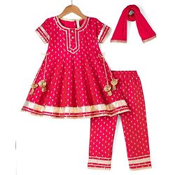 Babyhug Woven Floral Foil Printed Half Sleeves Kurti Churidar and Dupatta Set - Fuschia