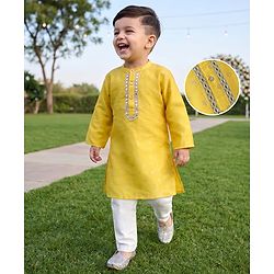 Babyhug Woven Full Sleeves Kurta Pajama Set with Floral Foil Print - Yellow