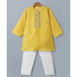 Babyhug Woven Full Sleeves Kurta Pajama Set with Floral Foil Print - Yellow