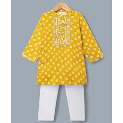 Babyhug 100% Cotton Woven Full Sleeves Printed Kurta & Pyjama Set With Lace Detailing - Lime Green