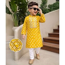 Babyhug 100% Cotton Woven Full Sleeves Printed Kurta & Pyjama Set With Lace Detailing - Lime Green