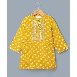 Babyhug 100% Cotton Woven Full Sleeves Printed Kurta & Pyjama Set With Lace Detailing - Lime Green