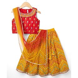 Babyhug Georgette Woven Sleeveless Sequinned & Floral Embroidered Choli Lehenga  and Dupatta Set - Red