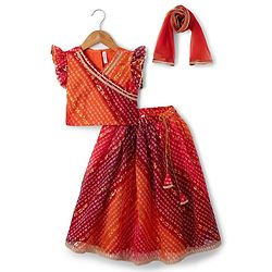 Babyhug Woven Sleeveless Kotta Foil Floral Printed Lehenga Choli & Dupatta Set - Orange