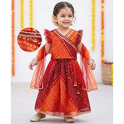 Babyhug Woven Sleeveless Kotta Foil Floral Printed Lehenga Choli & Dupatta Set - Orange