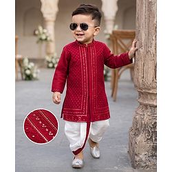Babyhug Woven Full Sleeves Sequinned Kurta Dhoti Set - Red