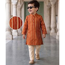 Babyhug Woven Full Sleeves Striped Kurta & Pyjama Set - Orange