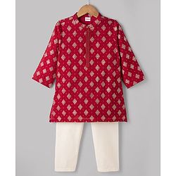 Babyhug Woven Full Sleeves Floral Foil Printed Kurta Pyjama Set - Red